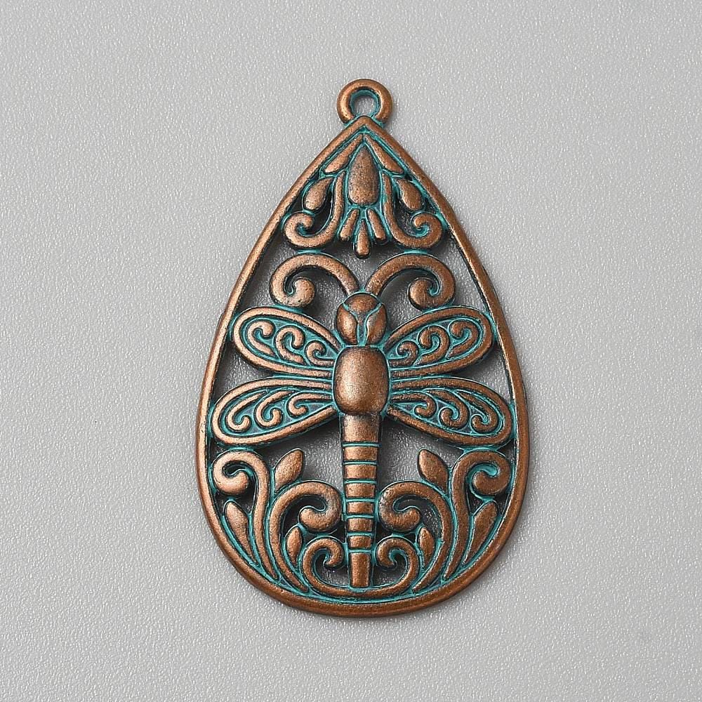 Metal Charms - Patina Charms - Dragonly Charms - Teardrop Charms - 37x23mm - 5pcs - (3969)
