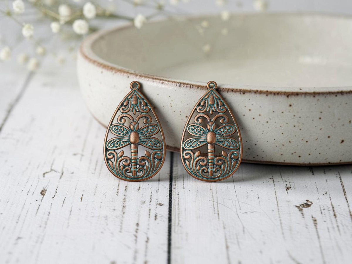 Metal Charms - Patina Charms - Dragonly Charms - Teardrop Charms - 37x23mm - 5pcs - (3969)
