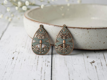 Metal Charms - Patina Charms - Dragonly Charms - Teardrop Charms - 37x23mm - 5pcs - (3969)