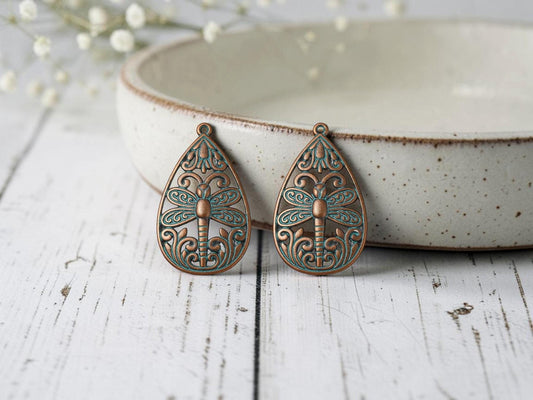 Metal Charms - Patina Charms - Dragonly Charms - Teardrop Charms - 37x23mm - 5pcs - (3969)