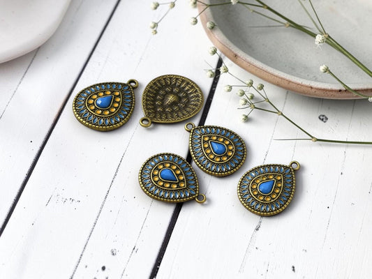 Metal Charms - Enamel Charms - Rhinestone Charms - Teardrop Charms - 25x19mm - 5pcs - (5079)