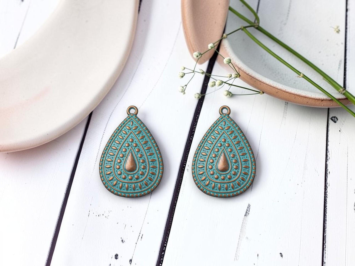 Metal Charms - Patina Charms - Teardrop Charms - 35x24mm - 5pcs - (A635)
