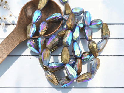 Czech Glass Faceted Tear Drop Beads - Metallic Bronze AB - 15x8mm - 10pcs - (1168)