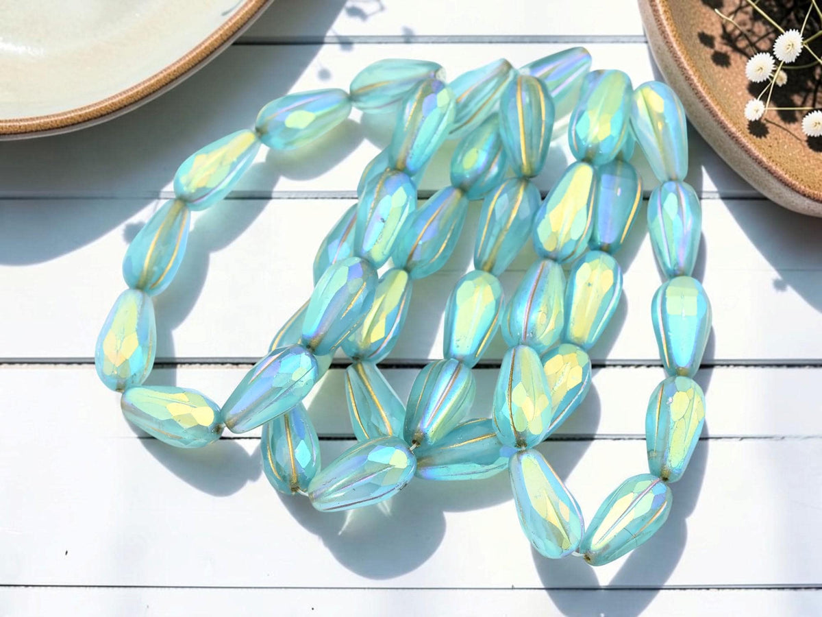 Czech Glass Faceted Teardrop Beads - Gold Washed Matte Blue Aqua AB - 15x8mm - 10pcs - (1800)