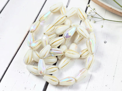 Czech Glass Faceted Teardrop Beads - Gold Washed White Luster AB - 15x8mm - 10pcs - (1916)