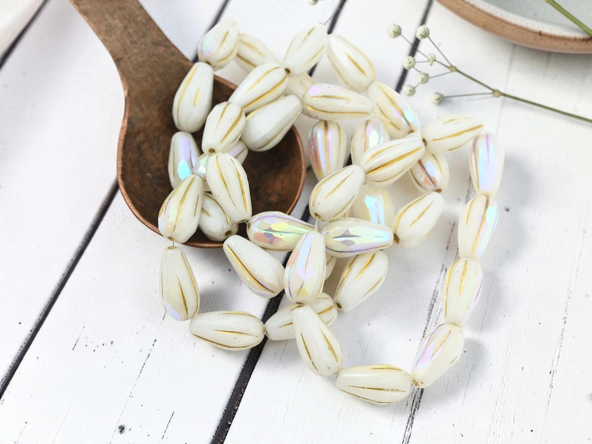 Czech Glass Faceted Teardrop Beads - Gold Washed White Luster AB - 15x8mm - 10pcs - (1916)