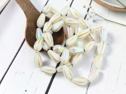 Czech Glass Faceted Teardrop Beads - Gold Washed White Luster AB - 15x8mm - 10pcs - (1916)