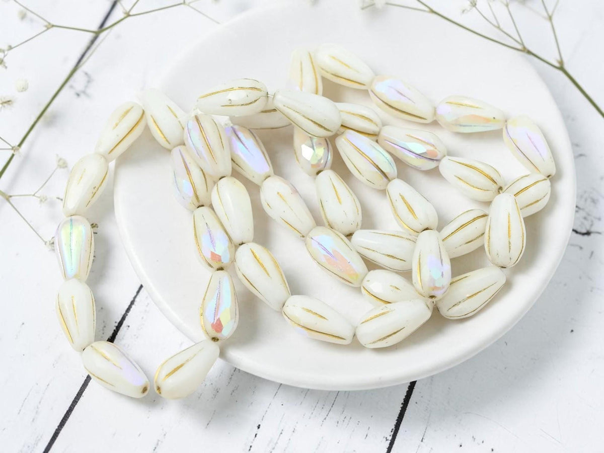 Czech Glass Faceted Teardrop Beads - Gold Washed White Luster AB - 15x8mm - 10pcs - (1916)