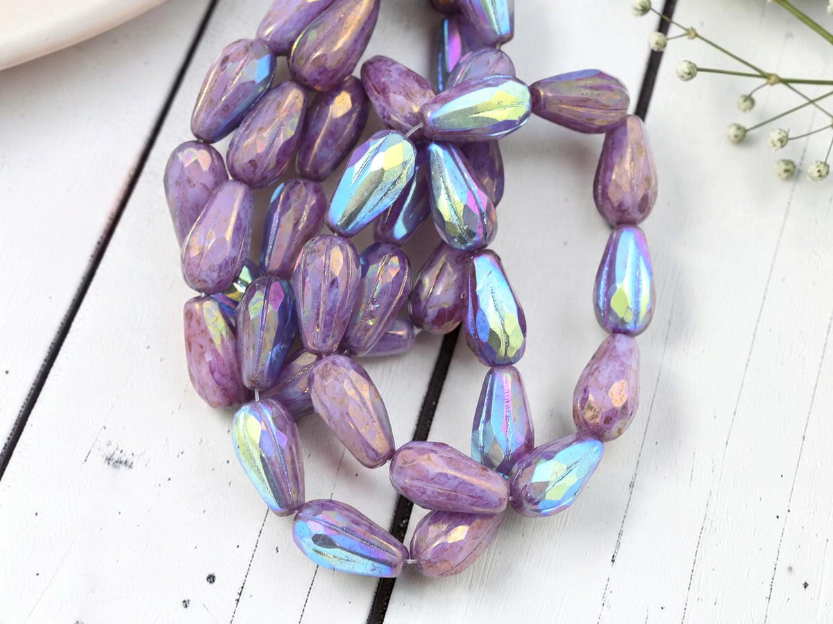 Czech Glass Faceted Teardrop Beads - Bronze Washed Lilac AB - 15x8mm - 10pcs - (1400)