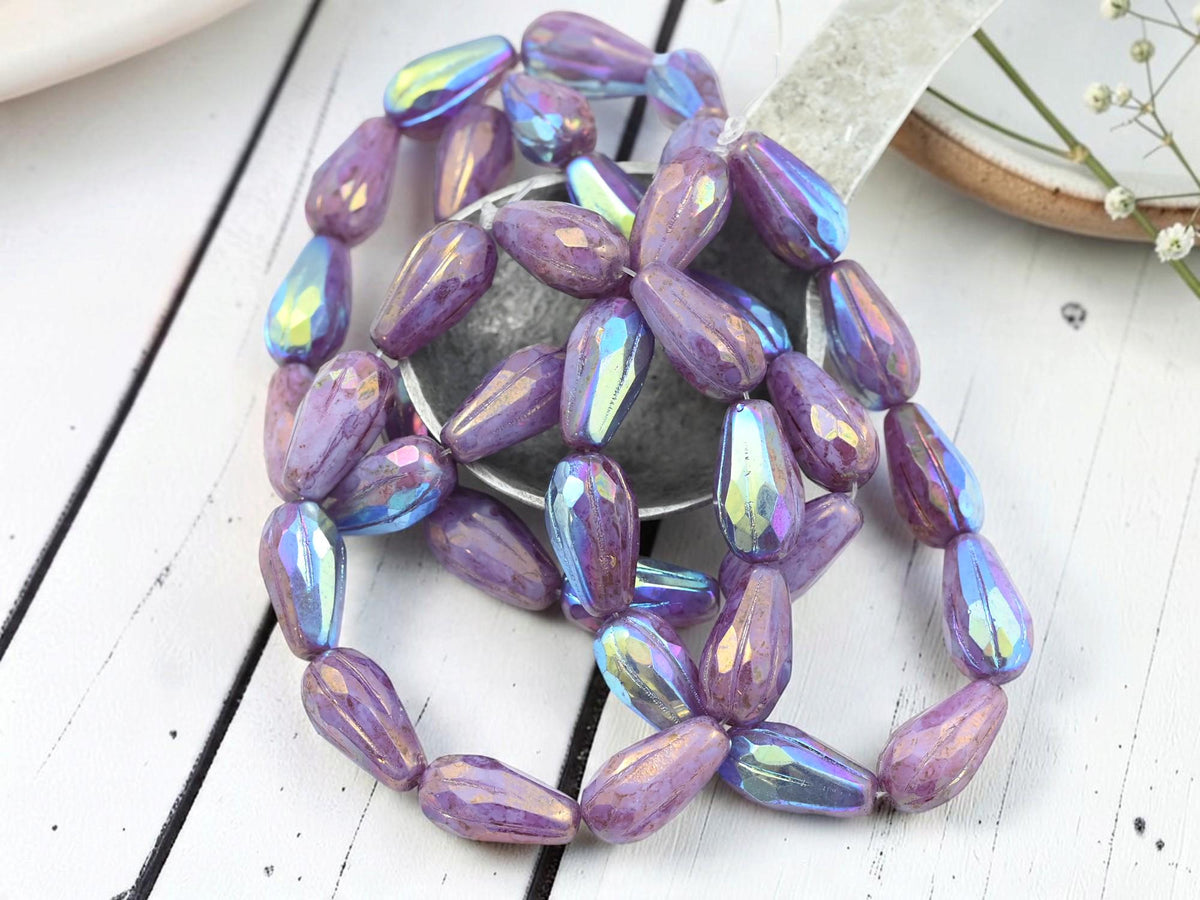Czech Glass Faceted Teardrop Beads - Bronze Washed Lilac AB - 15x8mm - 10pcs - (1400)