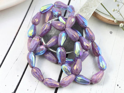 Czech Glass Faceted Teardrop Beads - Bronze Washed Lilac AB - 15x8mm - 10pcs - (1400)