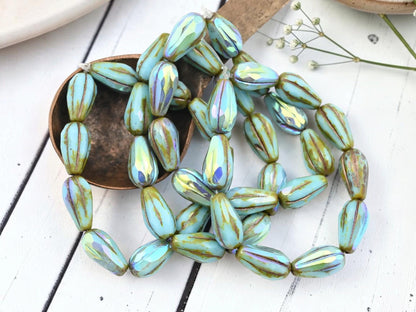 Czech Glass Faceted Teardrop Beads - Blue Turquoise Picasso AB - 15x8mm - 10pcs - (1183)