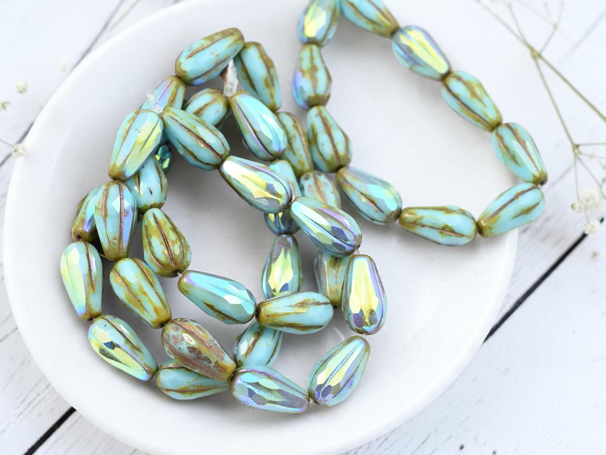 Czech Glass Faceted Teardrop Beads - Blue Turquoise Picasso AB - 15x8mm - 10pcs - (1183)