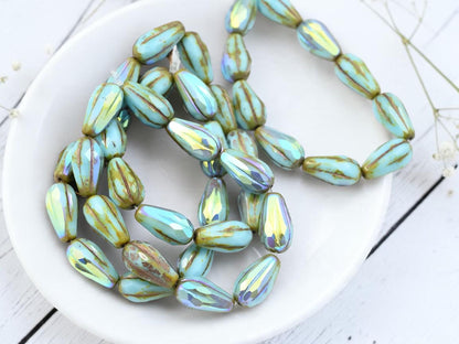 Czech Glass Faceted Teardrop Beads - Blue Turquoise Picasso AB - 15x8mm - 10pcs - (1183)