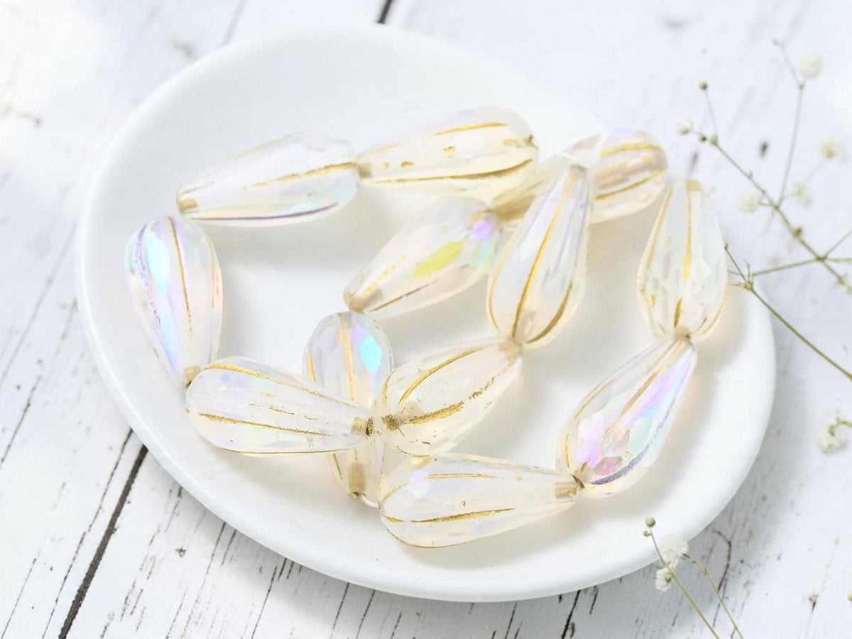 Czech Glass Faceted Melon Drop Beads - Gold Washed Milky Crystal AB - 22x11mm - 6pcs - (4591)