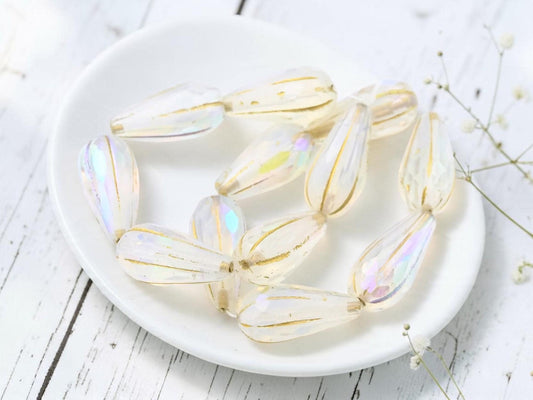 Czech Glass Faceted Melon Drop Beads - Gold Washed Milky Crystal AB - 22x11mm - 6pcs - (4591)