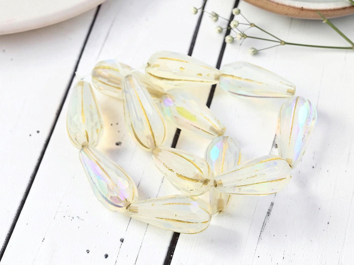 Czech Glass Faceted Melon Drop Beads - Gold Washed Milky Crystal AB - 22x11mm - 6pcs - (4591)