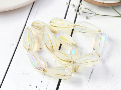 Czech Glass Faceted Melon Drop Beads - Gold Washed Milky Crystal AB - 22x11mm - 6pcs - (4591)