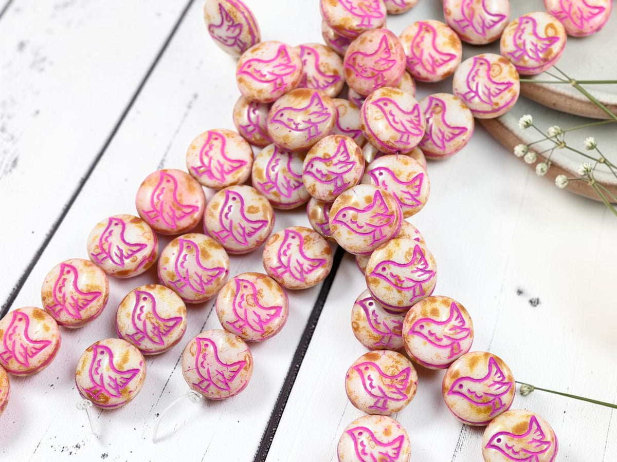 12mm Czech Glass Chickadee Coin Beads - Fuchsia Washed Alabaster Picasso - 12mm - 10pcs - (6176)