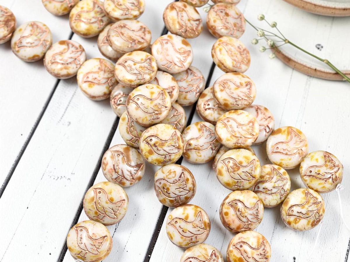 12mm Czech Glass Chickadee Coin Beads - Bronze Washed Alabaster Picasso - 12mm - 10pcs - (4856)