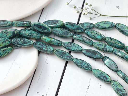 Czech Glass Marquise Oval Spindle Beads - Jet Turquoise - 18x7mm - 8pcs - (B929)