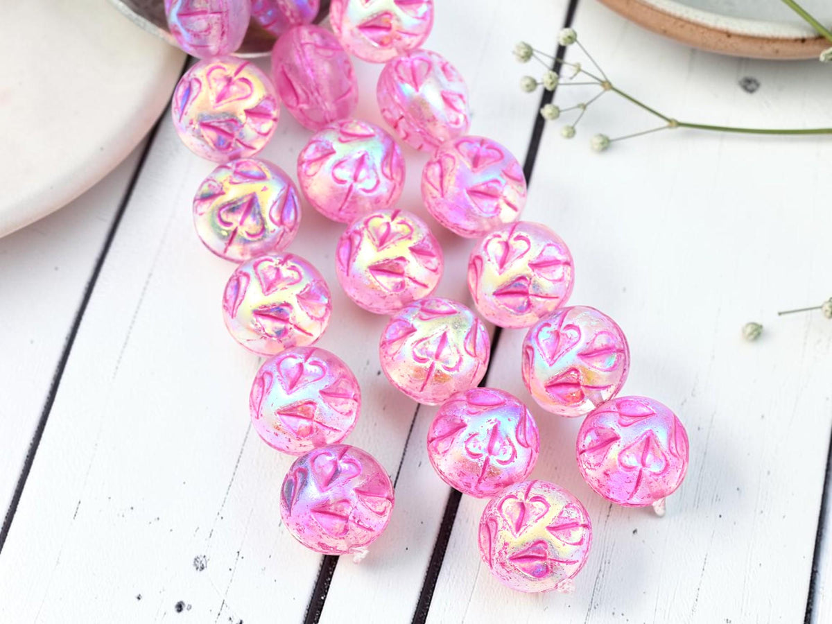 14mm Czech Glass Vintage Style Thick Coin Beads - Fuchsia Washed Crystal AB - 8pcs - (4810)