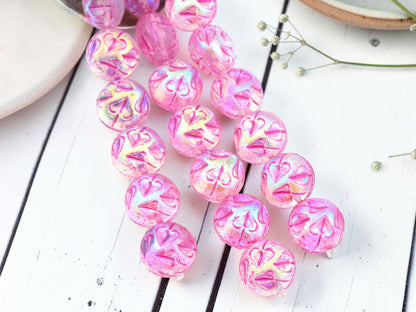 14mm Czech Glass Vintage Style Thick Coin Beads - Fuchsia Washed Crystal AB - 8pcs - (4810)