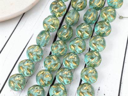14mm Czech Glass Vintage Style Thick Coin Beads - Gold Washed Aqua - 8pcs - (5473)