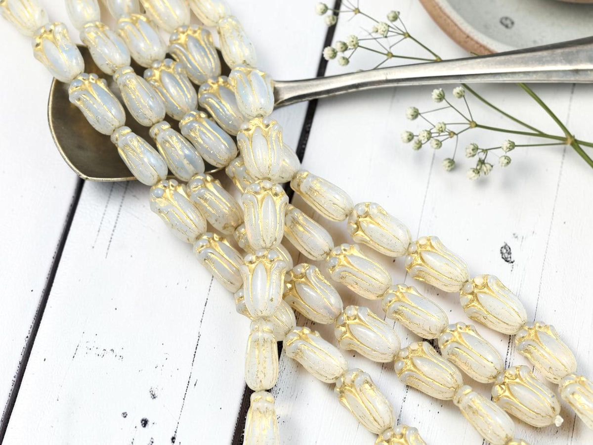 Czech Glass Tulip Flower Beads - Gold Washed White Opal - 12x8mm - 12pcs - (A266)
