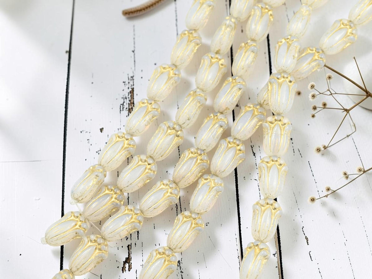 Czech Glass Tulip Flower Beads - Gold Washed White Opal - 12x8mm - 12pcs - (A266)