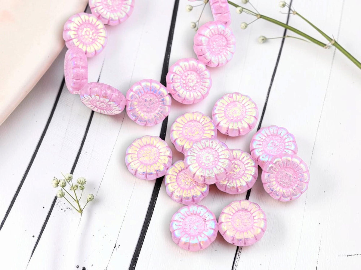 Czech Glass Sunflower Coin Beads - Pink Washed Pink Crystal AB - 13mm - 10pcs - (6114)
