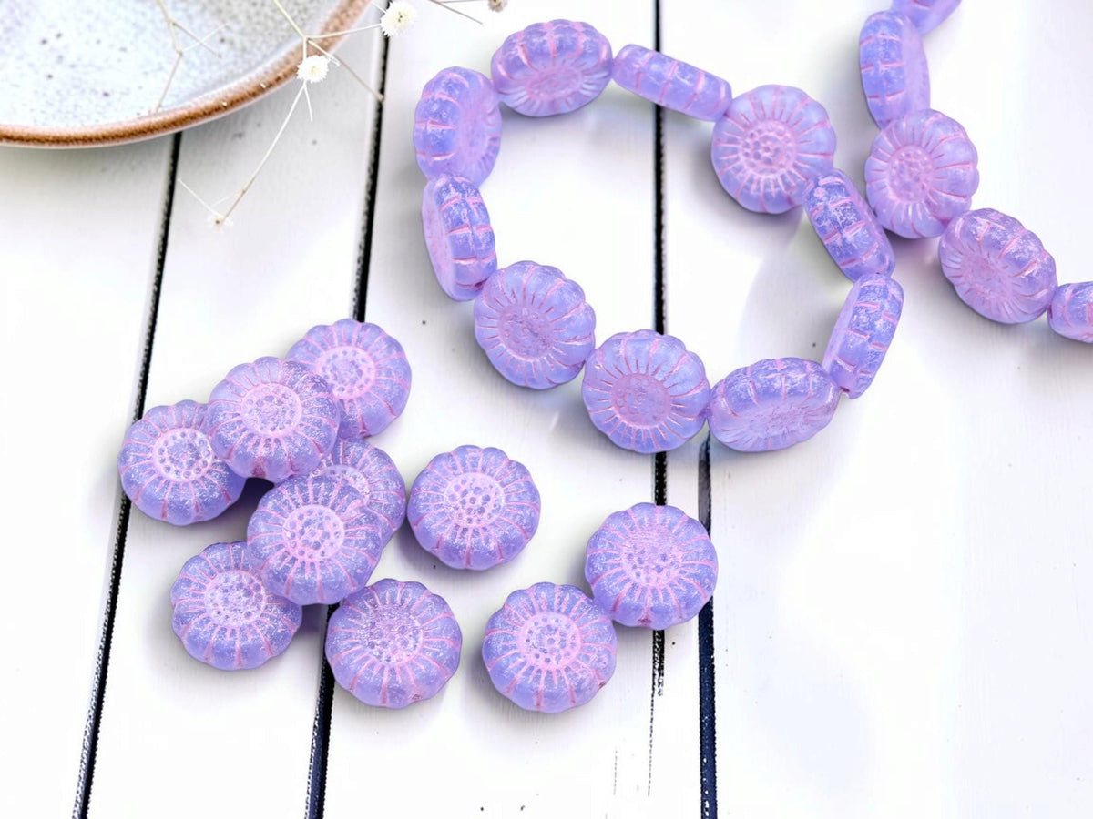 Czech Glass Sunflower Coin Beads - Pink Washed Matte Purple - 13mm - 10pcs - (3004)
