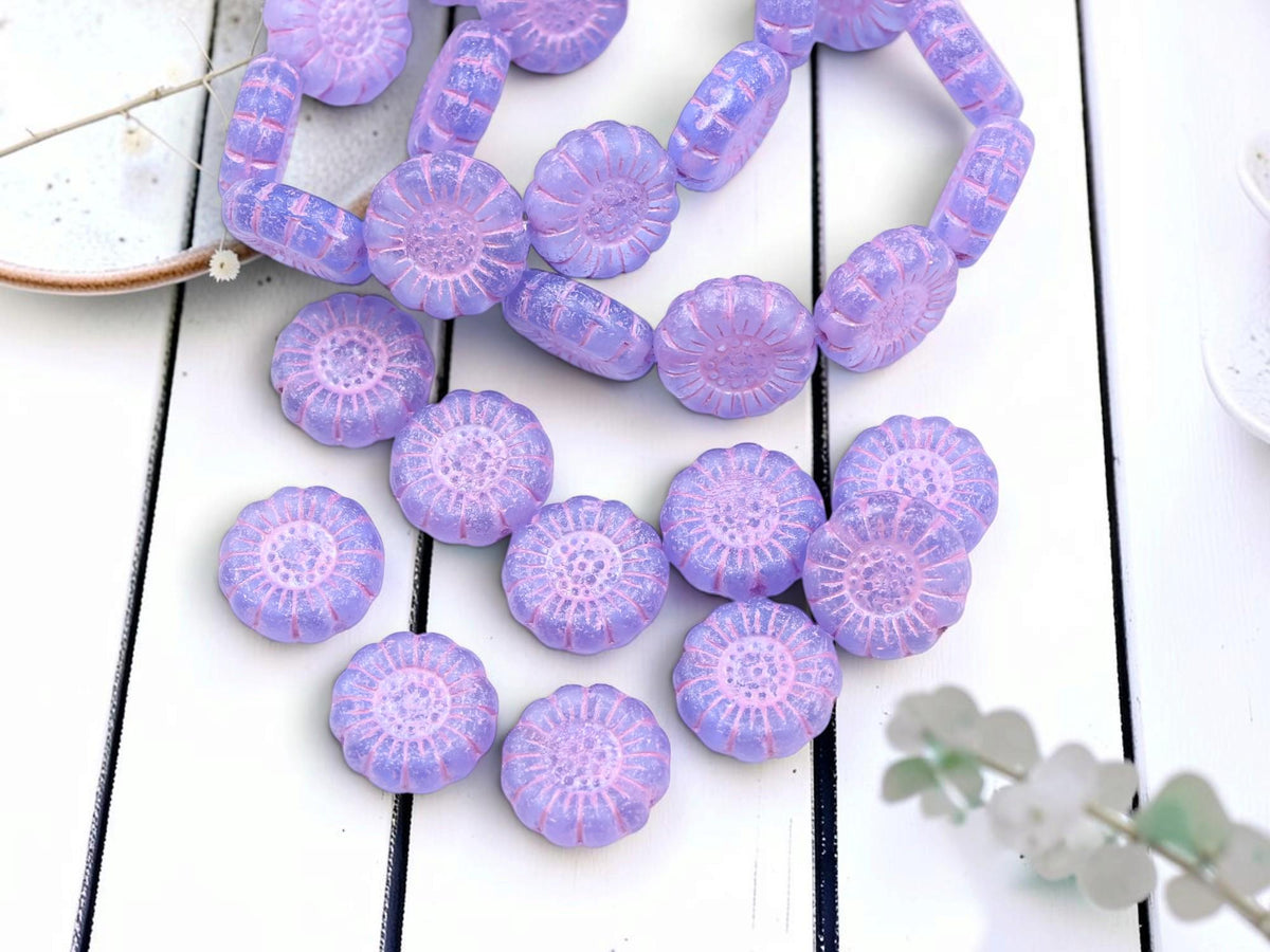 Czech Glass Sunflower Coin Beads - Pink Washed Matte Purple - 13mm - 10pcs - (3004)