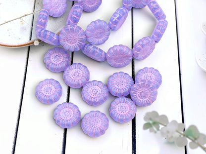 Czech Glass Sunflower Coin Beads - Pink Washed Matte Purple - 13mm - 10pcs - (3004)