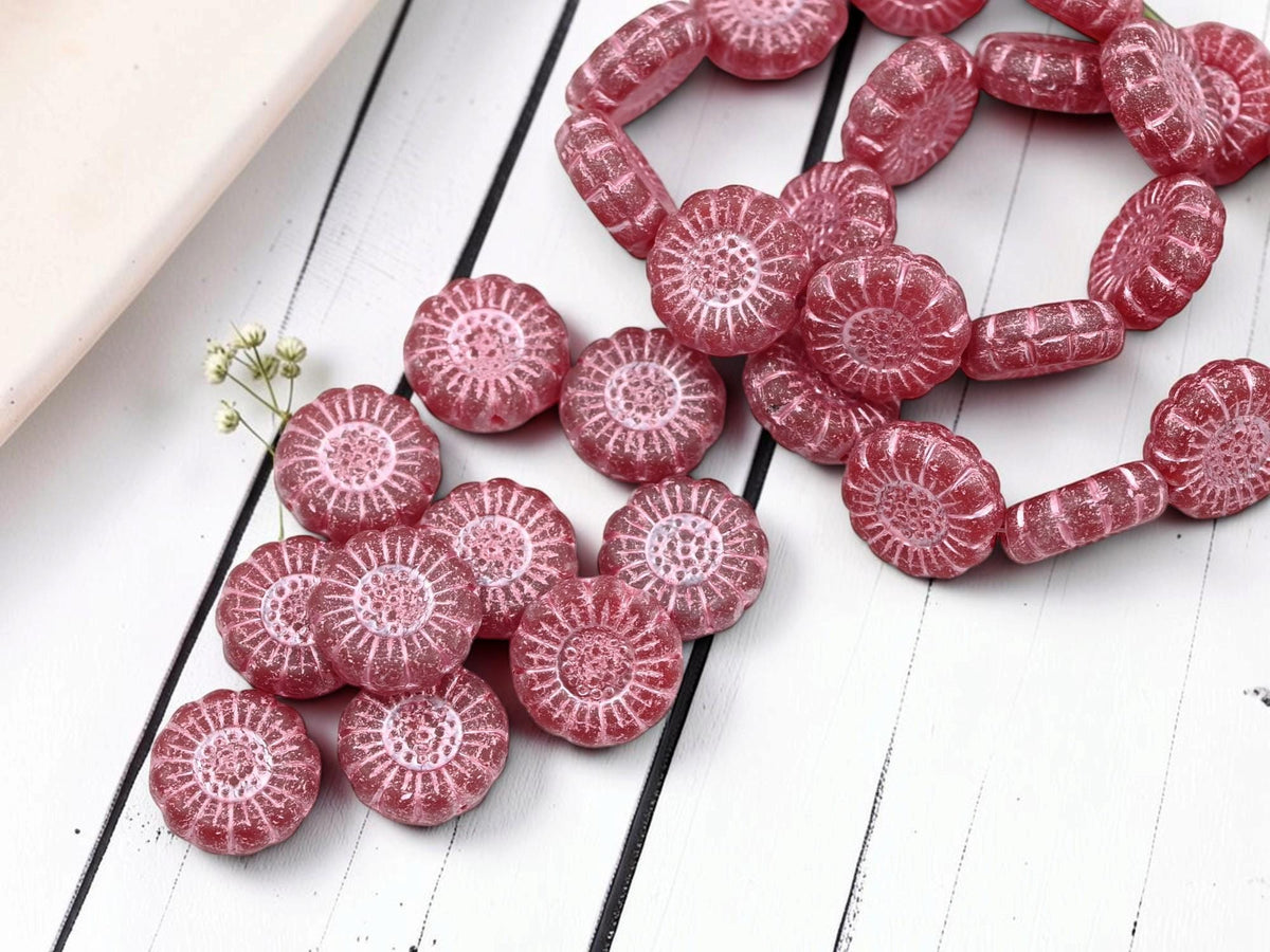 Czech Glass Sunflower Coin Beads - Pink Washed Matte Ruby Red - 13mm - 10pcs - (3439)