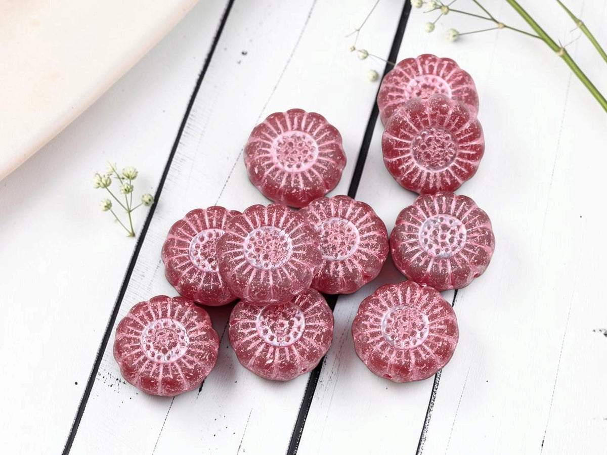 Czech Glass Sunflower Coin Beads - Pink Washed Matte Ruby Red - 13mm - 10pcs - (3439)