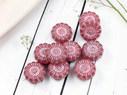 Czech Glass Sunflower Coin Beads - Pink Washed Matte Ruby Red - 13mm - 10pcs - (3439)