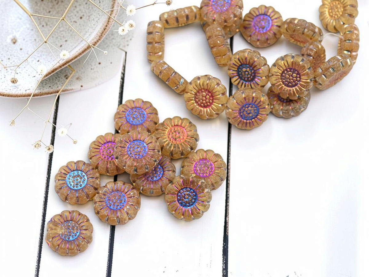 Czech Glass Sunflower Coin Beads - Metallic Volcano Washed Matte Jonquil - 13mm - 10pcs - (5816)