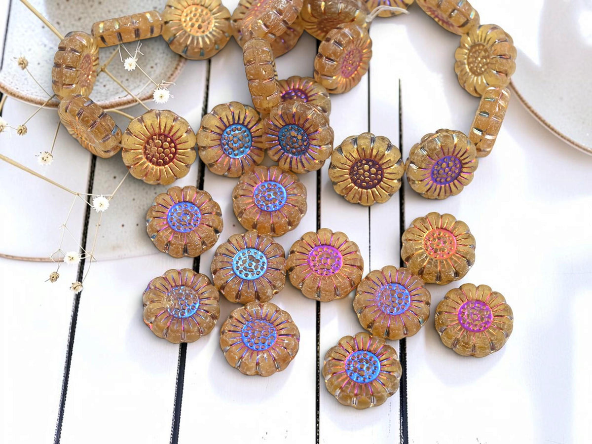 Czech Glass Sunflower Coin Beads - Metallic Volcano Washed Matte Jonquil - 13mm - 10pcs - (5816)