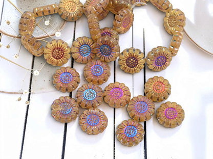 Czech Glass Sunflower Coin Beads - Metallic Volcano Washed Matte Jonquil - 13mm - 10pcs - (5816)