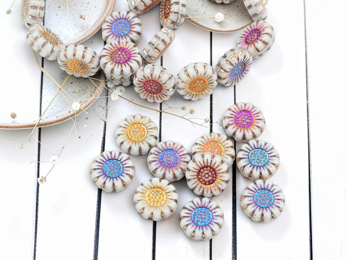 Czech Glass Sunflower Coin Beads - Metallic Volcano Washed Matte Alabasster - 13mm - 10pcs - (6182)