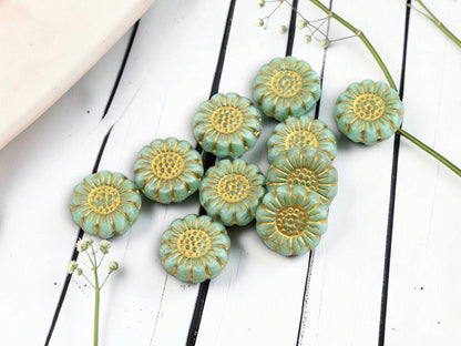 Czech Glass Sunflower Coin Beads - Gold Washed Turquoise - 13mm - 10pcs - (B210)