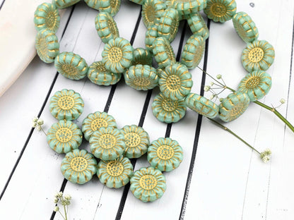Czech Glass Sunflower Coin Beads - Gold Washed Turquoise - 13mm - 10pcs - (B210)