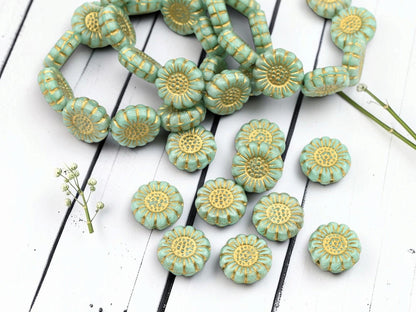 Czech Glass Sunflower Coin Beads - Gold Washed Turquoise - 13mm - 10pcs - (B210)