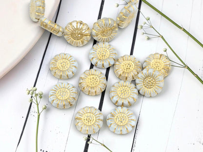 Czech Glass Sunflower Coin Beads - Gold Washed Milky Crystal - 13mm - 10pcs - (2648)