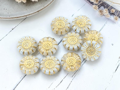 Czech Glass Sunflower Coin Beads - Gold Washed Milky Crystal - 13mm - 10pcs - (2648)