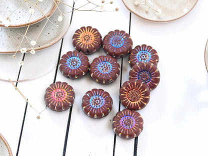 Czech Glass Sunflower Coin Beads - Metallic Volcano Washed Matte Maroon - 13mm - 10pcs - (4718)