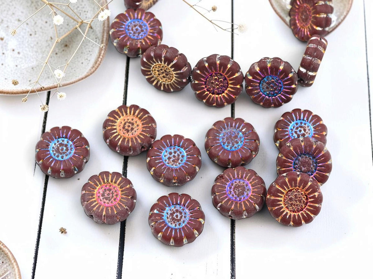 Czech Glass Sunflower Coin Beads - Metallic Volcano Washed Matte Maroon - 13mm - 10pcs - (4718)
