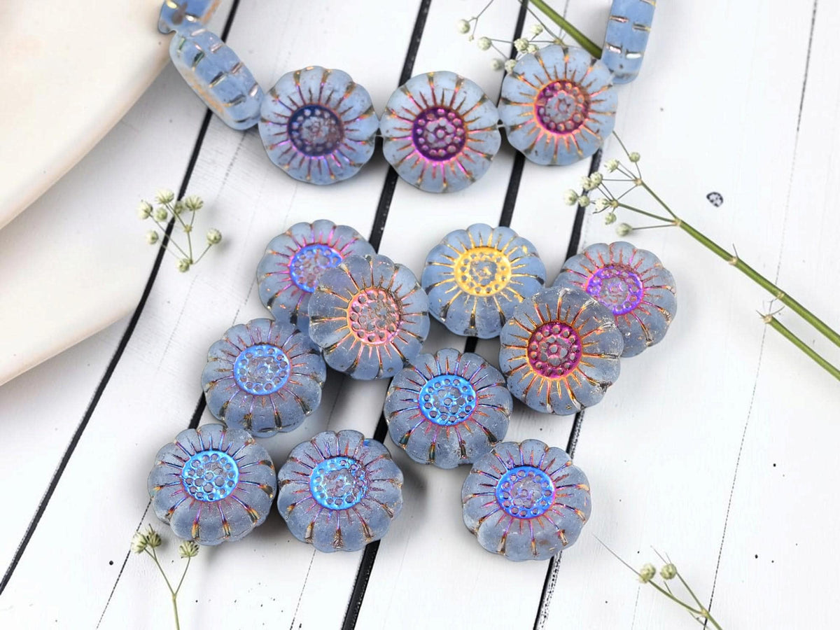 Czech Glass Sunflower Coin Beads - Metallic Volcano Washed Matte Slate Blue - 13mm - 10pcs - (2912)