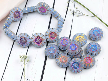 Czech Glass Sunflower Coin Beads - Metallic Volcano Washed Matte Slate Blue - 13mm - 10pcs - (2912)